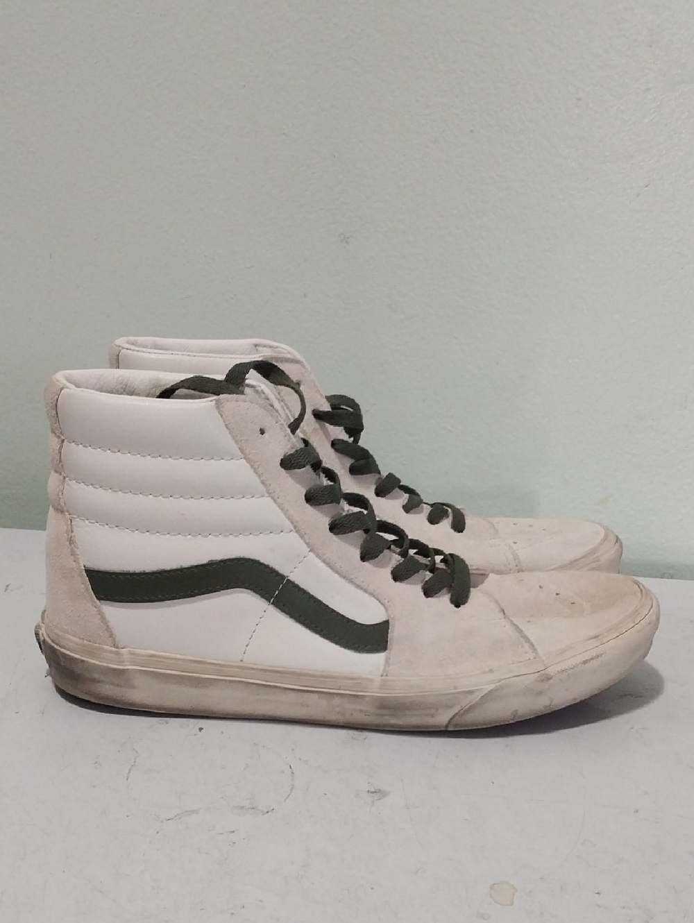 Vans White High-Top Sneakers with Dark Green Stripe